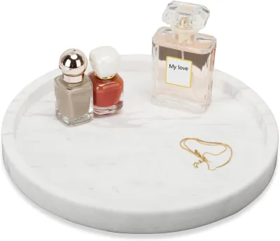 Marble Serving Decorative Round Tray Coffee Tray for Home Office Storage Decoration 100% Handmade Non-Toxic White Round Stone