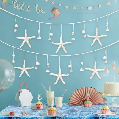 Starfish Seashell Garland Beach Decor 80" with 6PCS Handmade Crafts Starfish & Natural Sea Shells Ornaments
