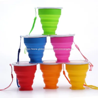 200 ml Silicone Collapsible Cup with Lid ,Plastic Camping Folding Water Cups ,Kid plastic foldable cup