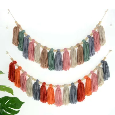 Rainbow Tassel Garland Colorful Pastel Tassel Banner with Coloful Tassels and Wood Bead