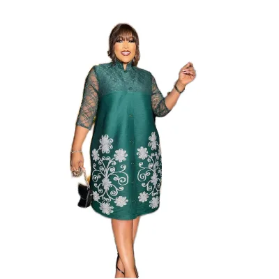 Summer Fashion Casual Miyake Floral Printed African Pleated Loose Knee-Length Plus Size Women's Chiffon Nonwoven Beading Dresses