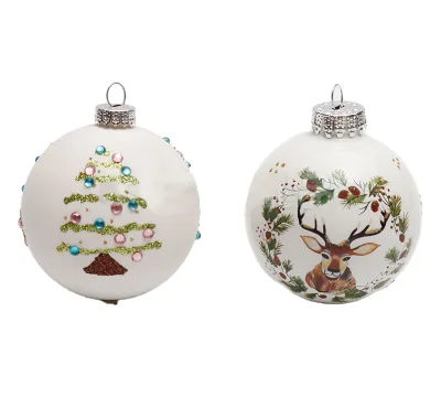 White Glass Christmas Ball Ornaments Reindeer Tree Pattern Hanging Baubles for Xmas Tree Home Holiday Decor