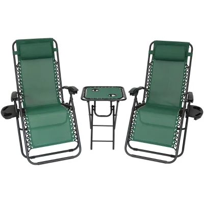 Forest Green Zero Gravity Lounge Lawn Chair and Side Table Set with Pillow and Cup Holder for Patio Garden Pool Beach Yard