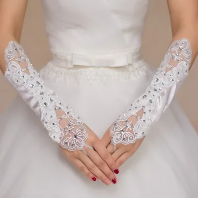 HZM-60555 Tulle Gloves, Womens Lace Mesh Bridal Gloves Fingerless Elbow Length Long Gloves Wedding Party, White