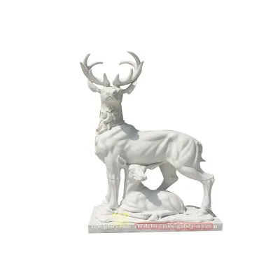 White Marble Mother and Child Deer Statues Hand Carved Outdoor Garden Ornament Sculpture