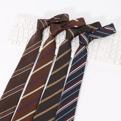 Casual 6cm Mens Coffee-Colored Diagonal-Stripe Jacquard Weave Polyester Silk Hand-Knotted Tie Factory Direct Stock