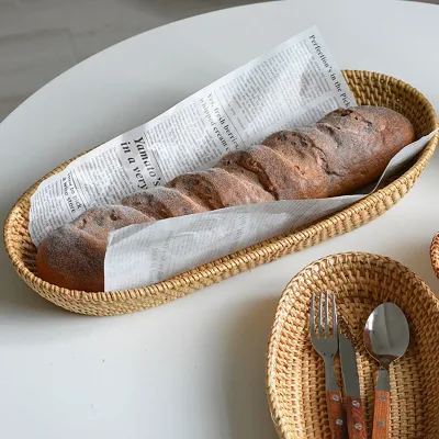 Farmhouse Wicker Bread Basket Baguette Storage Ottoman Tray Woven Wicker Plate for Home Decor