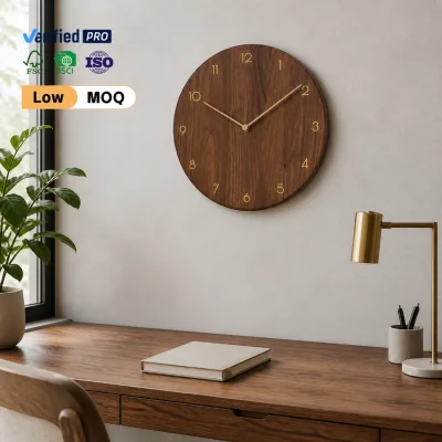 Natural Black Walnut Wall Clock Minimalist Solid Wood Silent Round Clock with Brass Hands for Living Room Office Home Decor