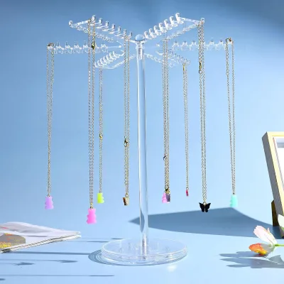 Acrylic Rotating Transparent Necklace Holder Hanger with 84 Hangers One-Layer Jewelry Display Rack