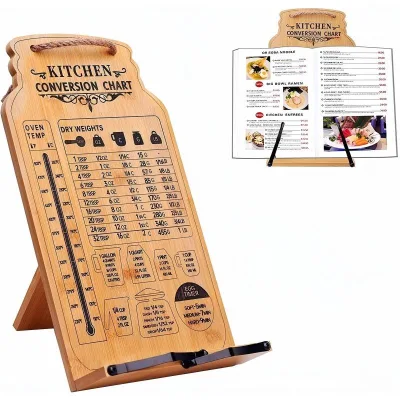 Foldable Bamboo Cookbook Stand with Measurement Conversion, Kitchen Counter & Hanging Recipe Holder