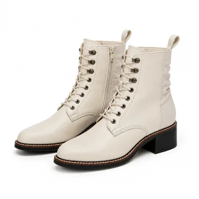 Wholesale Womens Cream Leather Zip Ankle Boots Chunky Heel Inner Zipper Fashion Combat Boots OEM ODM Supplier Factory 2026