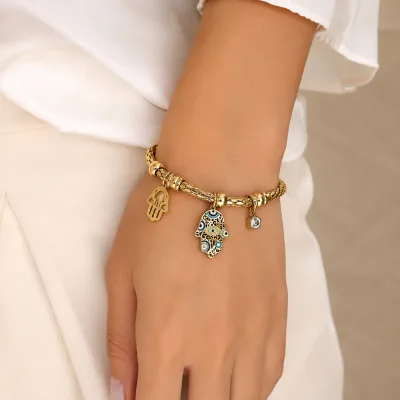Wholesale 18K Gold PVD Stainless Steel Hamsa Hand Charm Bracelet with CZ Enamel Waterproof Boho Fashion Jewelry for Women