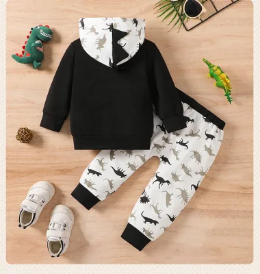 Spring and Autumn Infant Hoodie Hooded Set, Light Gray Hooded Cartoon Dinosaur Animal Print Jacket, Two-piece Set