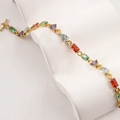 Summer Hot Selling 925 Silver Rainbow Tennis Bracelet Gold Plated Multi-Color Zircon Colorful Diamond Bracelet for Women
