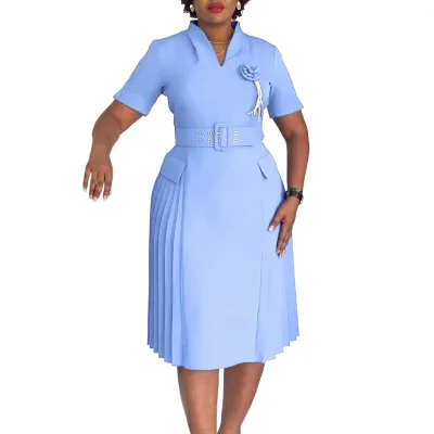 D584 Fashion Summer Womens Dresses V-neck Solid Color V-neck Belt Plus Size Pleated High Waist African Dress