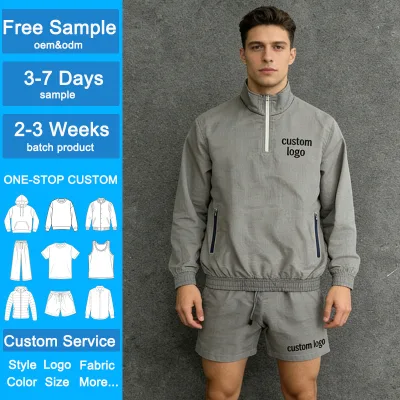 Men Short Sets Relaxed Fit Print Custom Logo Light Gray Cotton Blend Half Zip Stand Collar Pullover Casual Streetwear Set