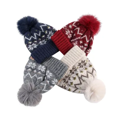 Autumn/Winter Children's Ear-Protecting Beanie Warm Pullover Hat 100% Acrylic Jacquard Thickened Fleece Lining Snowflake Knit