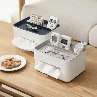 Multi-functional Tissue Box with Remote Control Storage Case Desktop Organizer PP Plastic Napkin Holder for Office Home Desk