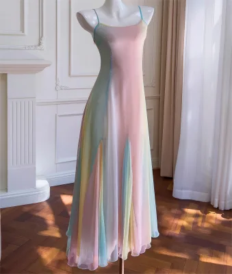 Custom High Quality Sexy Halter Rainbow Gradient Long Dress Temperament Slimming Waist Elegant Chiffon Dress
