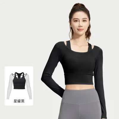 2025 JYMC104 New Gym Set Women Sexy Two Pieces Sport Tops Black White Fitness Yoga Running Shirts Long Sleeve Tee Shirts