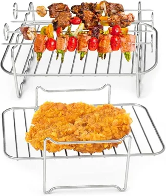 2PCS 304 Stainless Steel Silver Eco-Friendly Air Fryer Double Layer Grilling Rack with 4 Skewers for Barbecue Roasting Oven