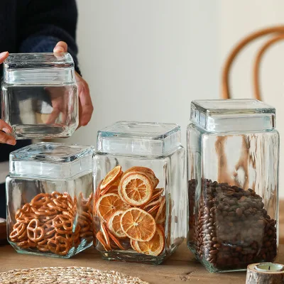 Transparent Glossy Square Glass Airtight Canister Multi-Purpose Storage Jar Coffee Beans Candies Home Kitchen Use 1-2L Luxury