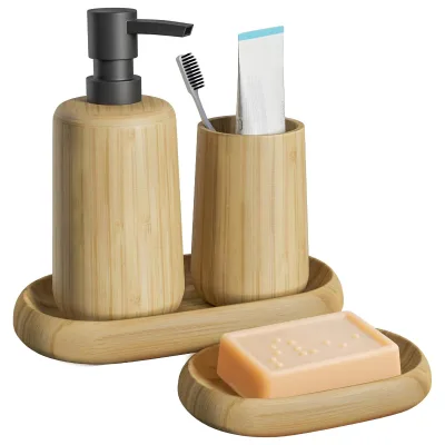 CF Natural Bamboo 4 Piece Matte Black Pump Soap Dispenser Rounded Tray Soap Dish Rinsing Cup Minimalist Bathroom Organizer Set