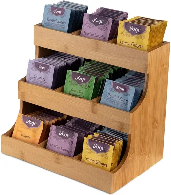 Tea Bag Organizer,  Bamboo Tea Bag Holder - Holds 180 Tea Bags. Elegant Sugar Packets and Creamers Holder