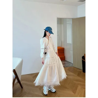 White Lace Hollow Out Vintage French Style High Waist A-Line Long Skirt Anti-Static Slimming Beach Vacation Dress Women