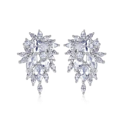 New Arrival EVEY Bridal Wedding Anniversary Princess Cut Silver Plated Brass Water Drop Cubic Zircon Flower Stud Earrings Women