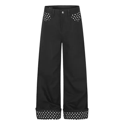 Polka Dot Wide Leg Jeans Men Black Denim Pants Rolled Cuff Contrast Print Streetwear Baggy Loose Men's Denim Trousers