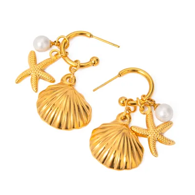 J&D 18K Gold Plated Stainless Steel Single Plastic Pearl with Gold Starfish and Shell Earrings for Women