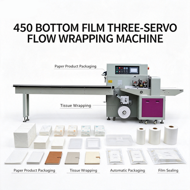 Fully Automatic Three Servo Rotary Flow Bagging Machine for Paper/PE Film Packaging Food Beverage Easy Operate Energy Saving