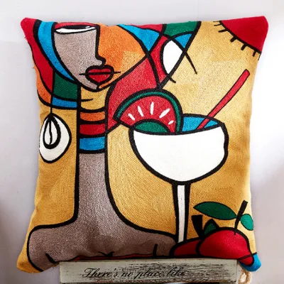Cotton Canvas Embroidered Cushion Features Wool Embroidered Van Gogh Series Abstract Pillow