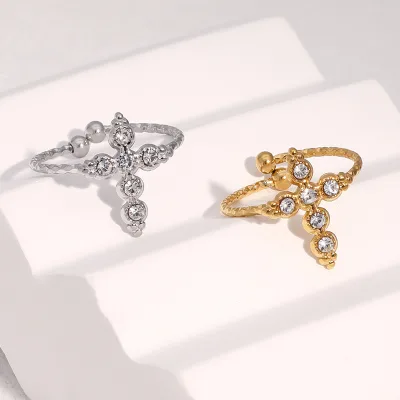 Hot-Selling Stainless Steel Gemstone Ring with Unique Retro Cross Design Zirconia Open-Style Band 18K Gold Plated Unisex