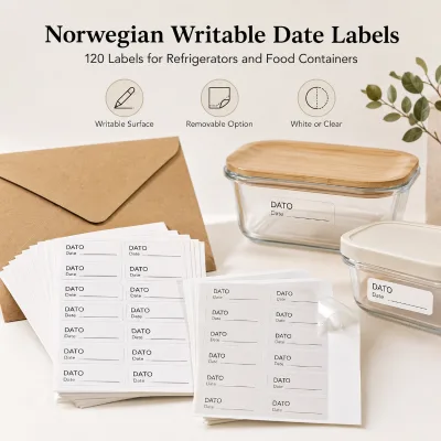 Custom Norwegian Writable Date Labels Removable Refrigerator Freezer Food Storage Container Stickers Clear or White