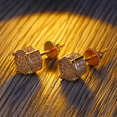 Luxurious Golden Copper Cube Stud Earrings with Micro Paved Zirconia and Screw Backs for Hip Hop Fashion and Party Wear