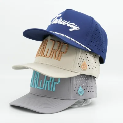 Custom logo Rope Perforated Golf Hat Adjustable Structured Summer Fishing Hinting Hat Men's Top 5-Five Panel Waterproof Cap Blue