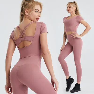 Women Yoga Set Backless Short Sleeve Tracksuit Butt Lift Leggings