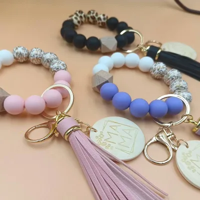 Wholesale Mother's Day Gift Silicone Beaded Bracelet Key Ring Tassel Charm Mama Wristlet Keychain