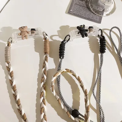 Cartoon 3D Coffee Bear Back Clip Diagonal Cross Phone Chain, Woven Rope Universal Phone Case Side Hanging Rope