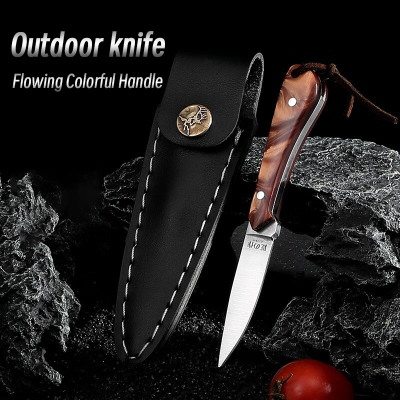 Mini Survival Knife Fixed Blade Portable Outdoor Field Hunting Knife with Resin Handle & Leather Sheath for Hunting Camping