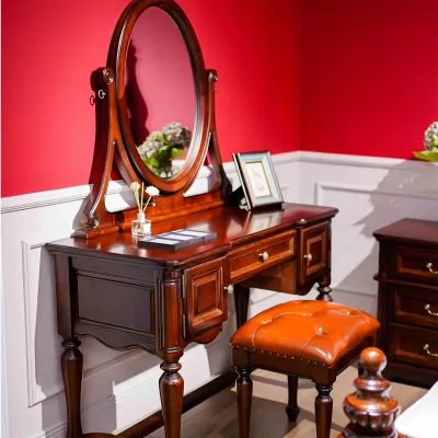 American Retro Makeup Vanities Solid Wood Dressing Table with Drawer Storage and Oval Mirror for Hotel Bedroom Use