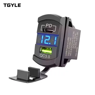 Fast Charger Rocker Switch Style 12-24V PD QC3.0 2 Ports with Voltmeter & Fuse for Car Truck Boat RV Panel