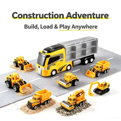 Large Container Truck Toy Light & Sound 6 Alloy Construction Cars Friction Powered Carrier with Foldable Play Mat for Kids