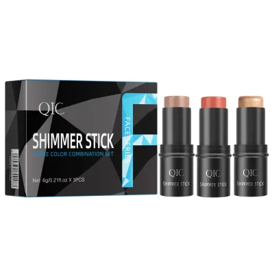 QIC Blush New--3 Color Makeup High Quality Vegan Lip Cheek Eye Creamy Blusher Highlighter Makeup Cream Blush Stick with Brush