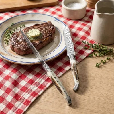 HOMEFUL Hammer Steak Knife Fork Laguiole Dinner Cutter Deer Horn Handle Stainless Steel Rust Resistant Contemporary Knife