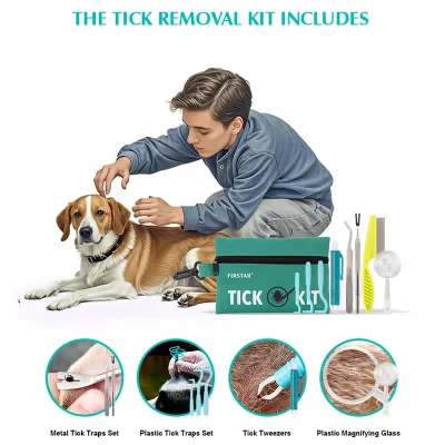 Pets Tick Remover Kit Complete Tick First Aid Kit Tick Removal Tools with Tweezers Tick Hooks Cleansing Wipes Band Aids