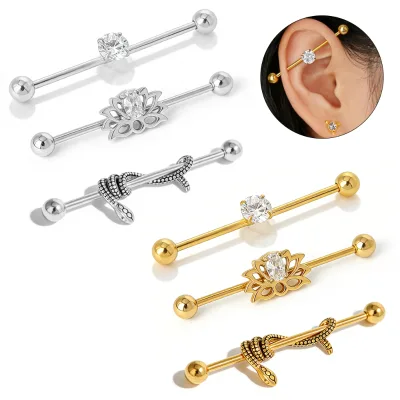 High Quality Industrial Barbell Jewelry Hypoallergenic Stainless Steel Snake Flower Cubic Zirconia Ear Piercing Body Jewelry