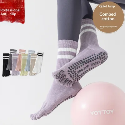 Fengmei Striped Yoga Socks Women Professional Pilates Non-Slip Crew 5 Toe Pure Cotton Sports Fitness